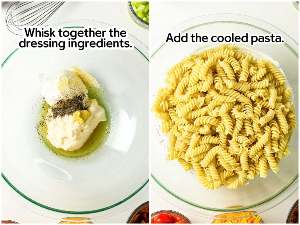 Two image collage of whisking together the homemade dressing ingredients in a bowl and a bowl filled with the cooked and cooled pasta with text overlay.