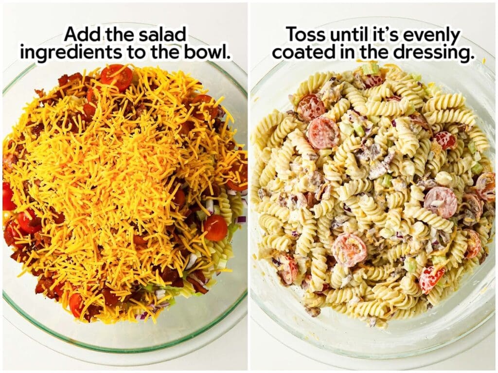 Side by side images of adding the shredded cheese, bacon and fresh vegetables cooked pasta then mixing to combine with the homemade Dijon dressing with text labels.