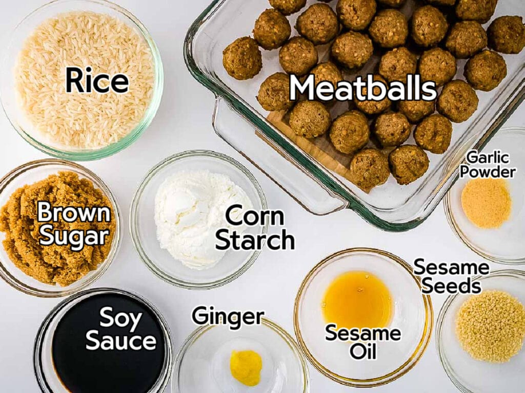 Ingredients needed to make teriyaki meatball bowls recipe with text labels.