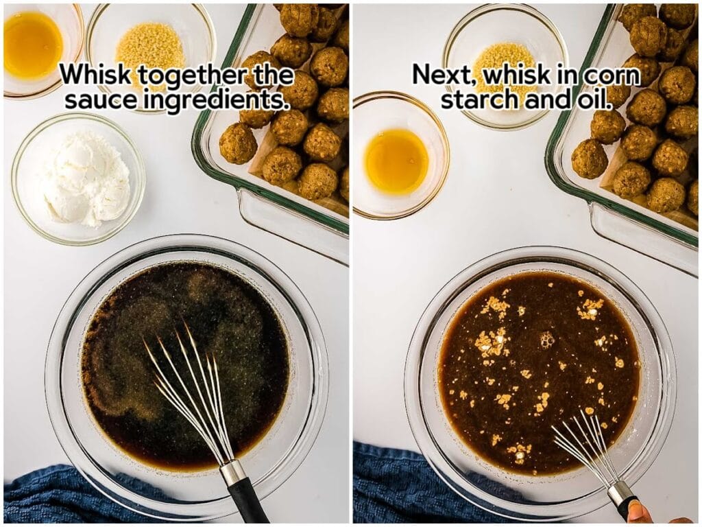Two photo collage of mixing the homemade teriyaki sauce ingredients together with text overlay.