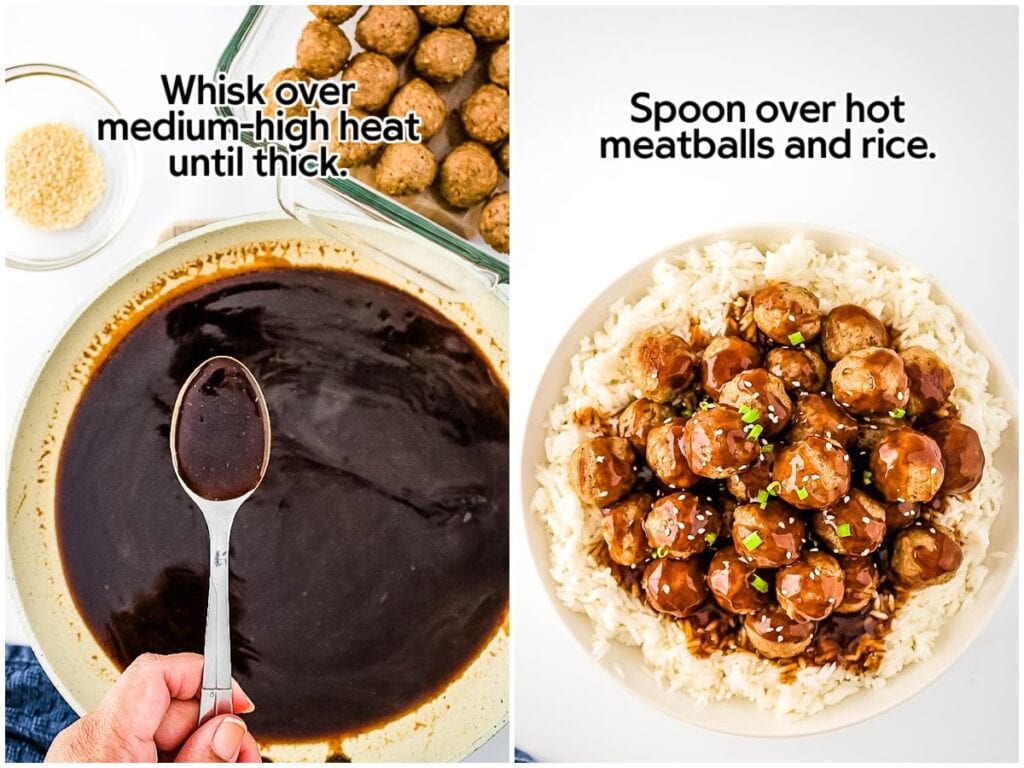Side by side images of making the homemade teriyaki sauce and adding the sauce to the Aidell chicken meatballs and rice with text labels.