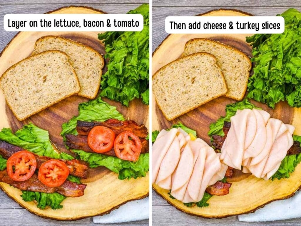 Two photo collage of building the turkey melt sandwiches with text labels.