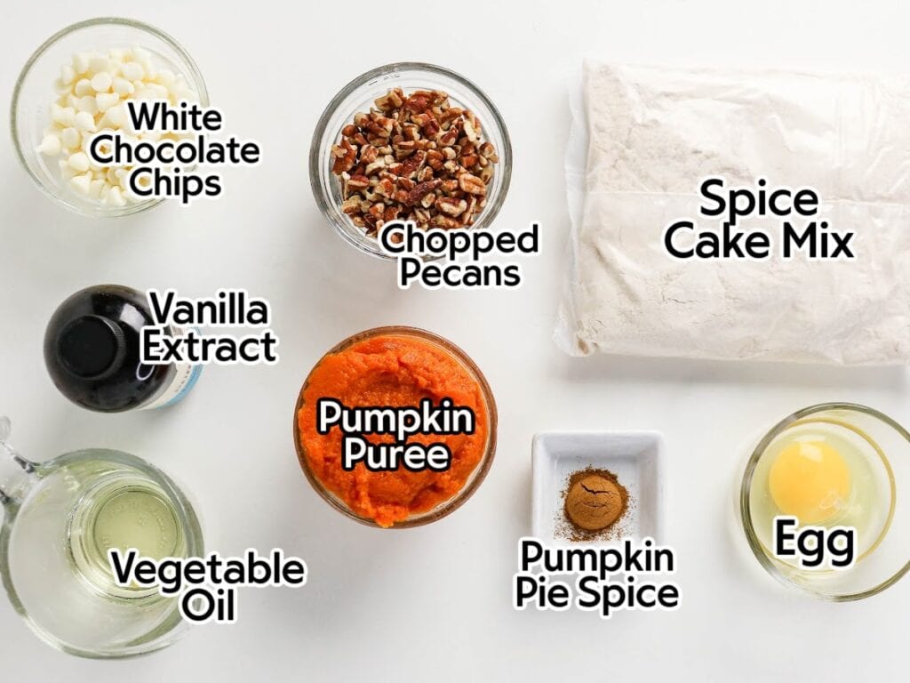 Ingredients to make pumpkin spice cookies from cake mix with text labels.