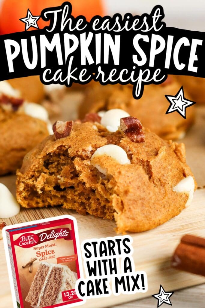 Two image collage of pumpkin spice cookies on a wooden board with a box of cake mix with text overlay.