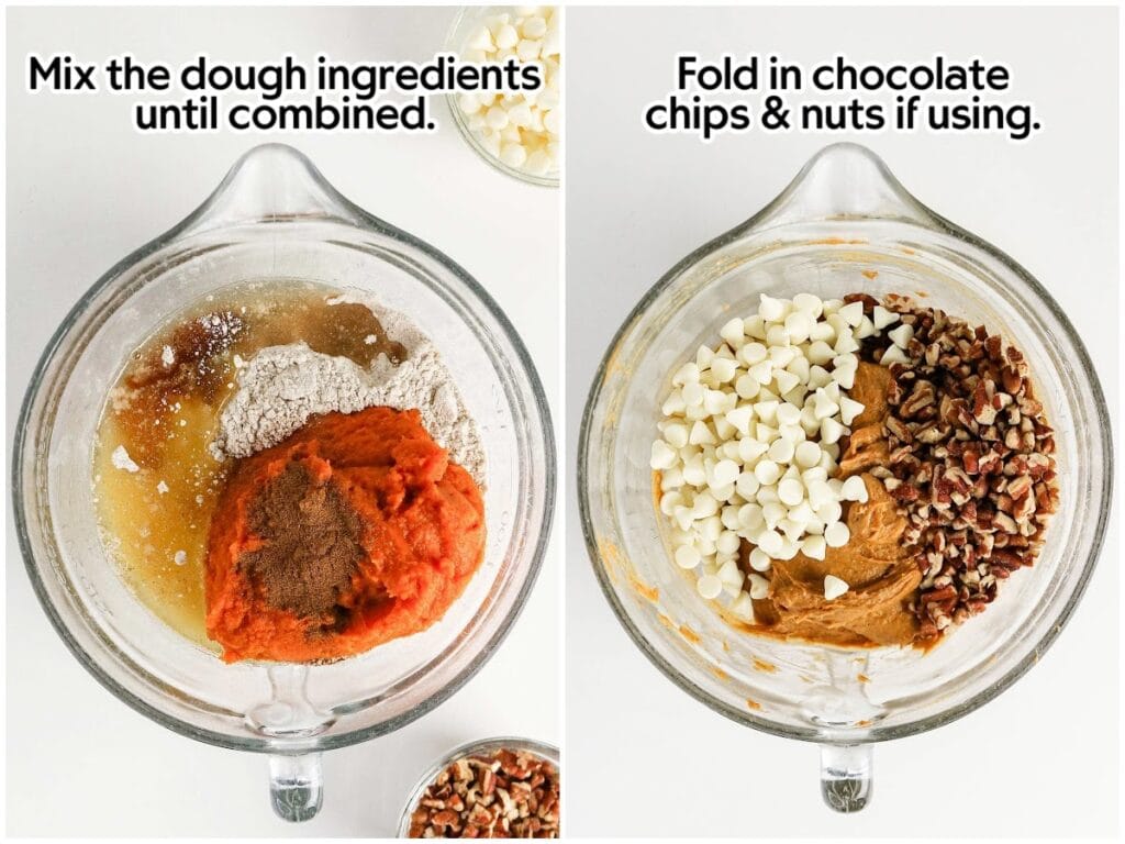 Two photo collage of mixing the cookie dough ingredients and adding the white chocolate chips and chopped nuts to the dough with text overlay.