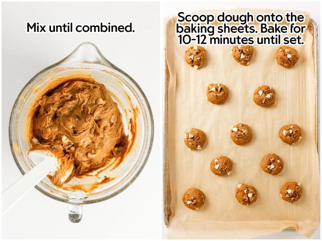 Side by side photos of mixing the batter and pumpkin cookie dough balls on a parchment lined sheet pan with text labels.